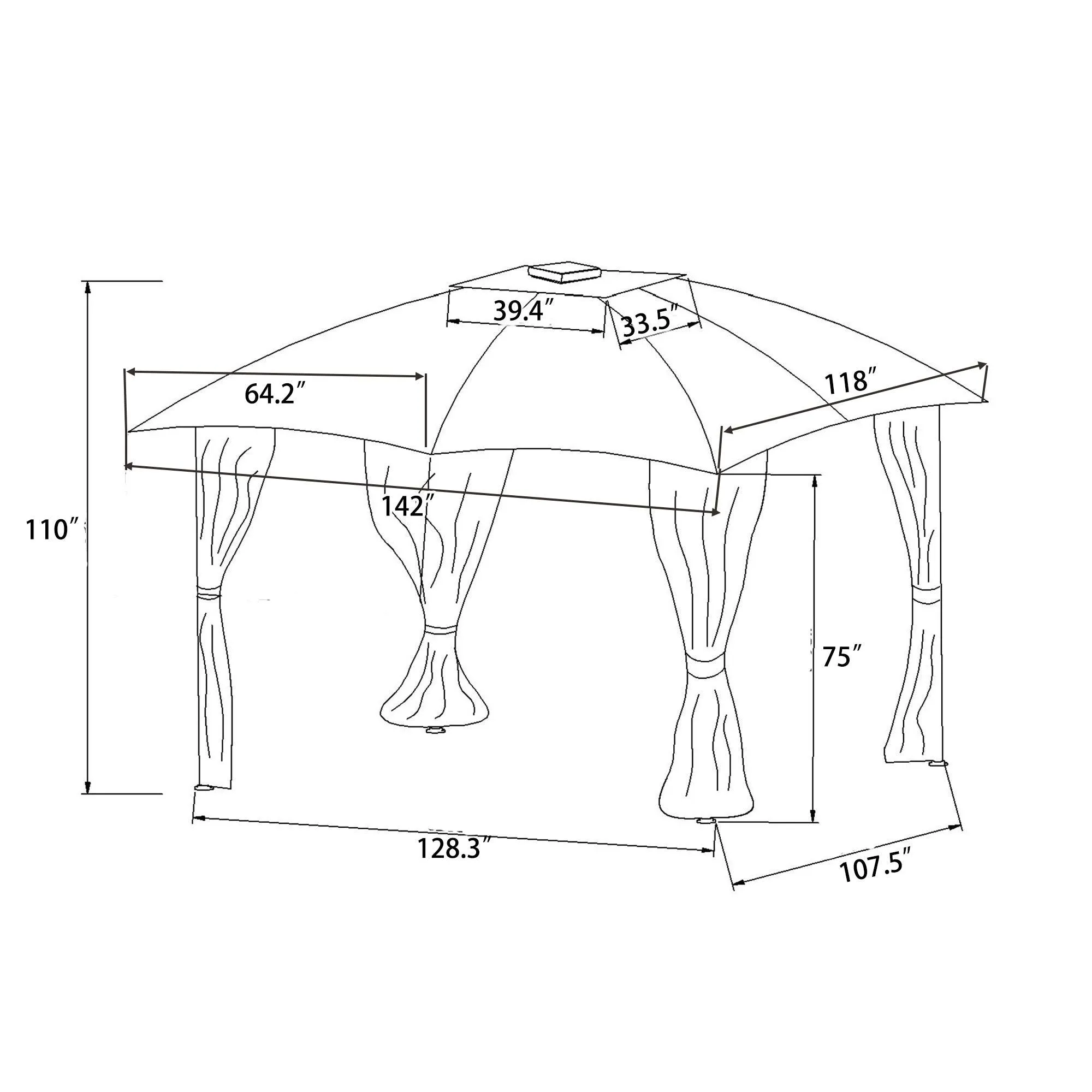 10ft W*12ft L Outdoor Double Vents Gazebo Patio Metal Canopy with Screen and LED Lights for Backyard, Poolside, Brown