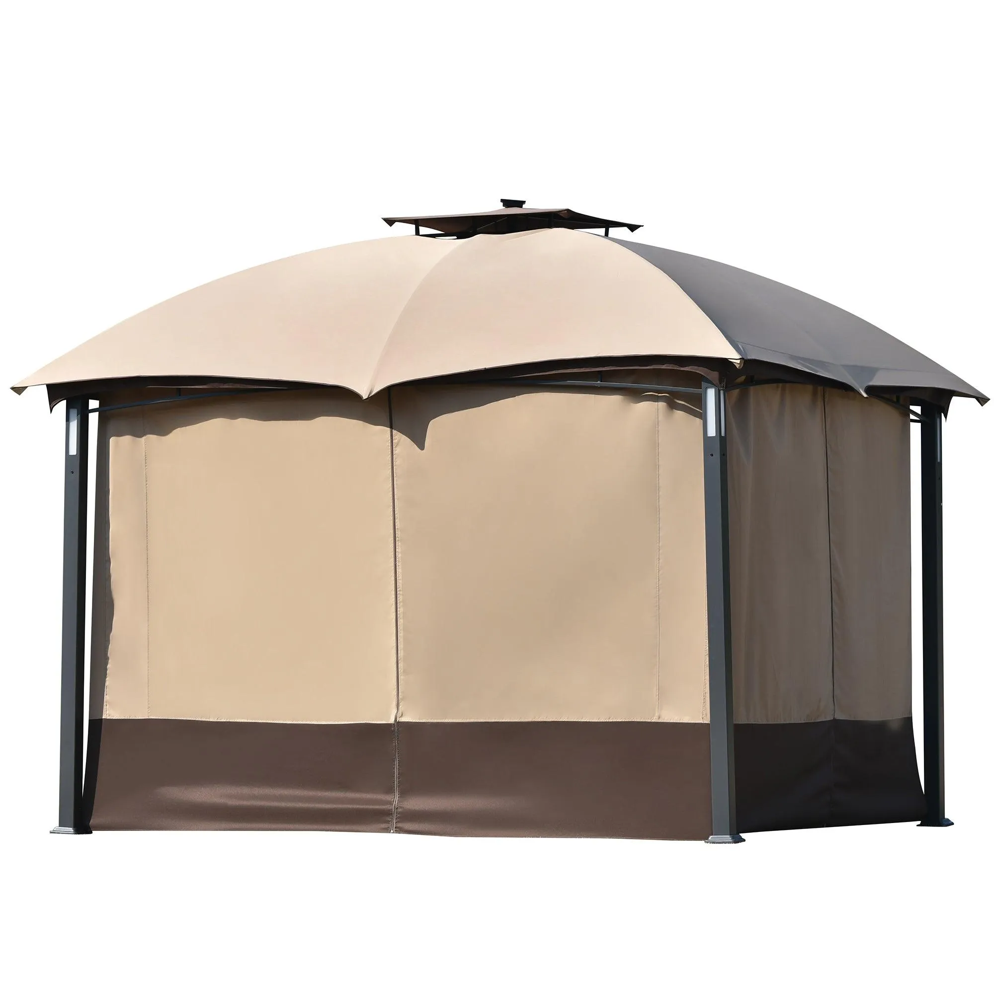 10ft W*12ft L Outdoor Double Vents Gazebo Patio Metal Canopy with Screen and LED Lights for Backyard, Poolside, Brown