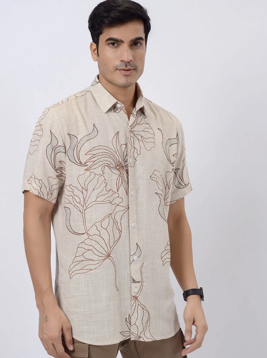 Beige Printed Slim Fit Casual Shirt | JadeBlue