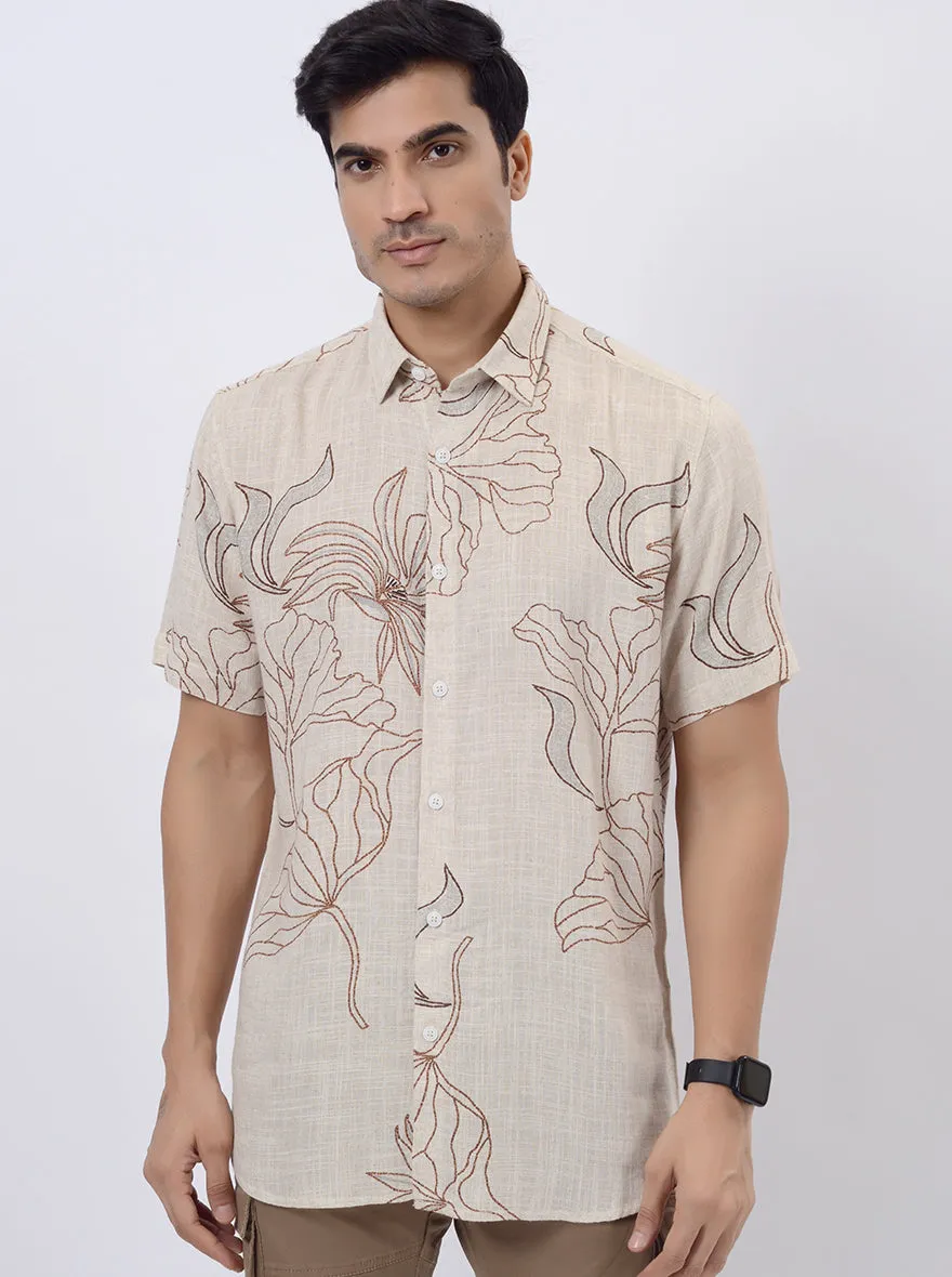 Beige Printed Slim Fit Casual Shirt | JadeBlue