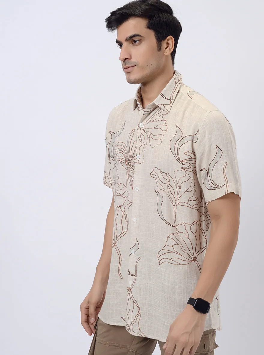 Beige Printed Slim Fit Casual Shirt | JadeBlue