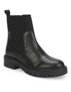 Black Croc PU Cleated Bottom Ankle Boots