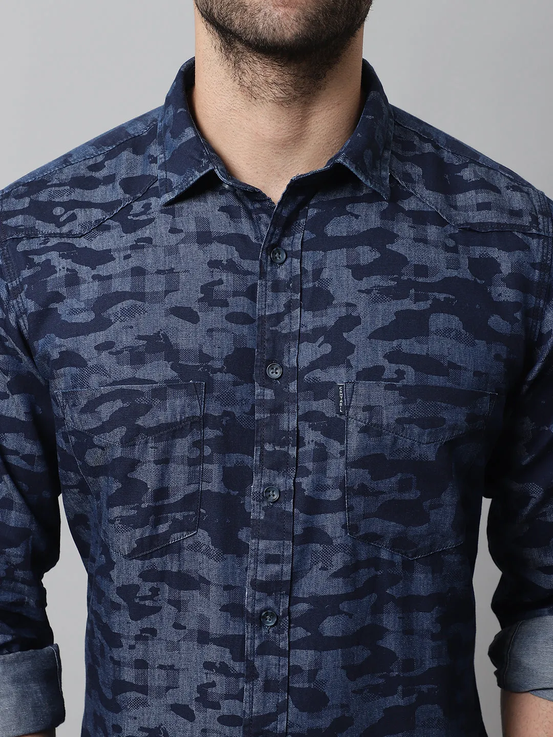 Cantabil Cotton Printed Blue Full Sleeve Casual Shirt for Men with Pocket