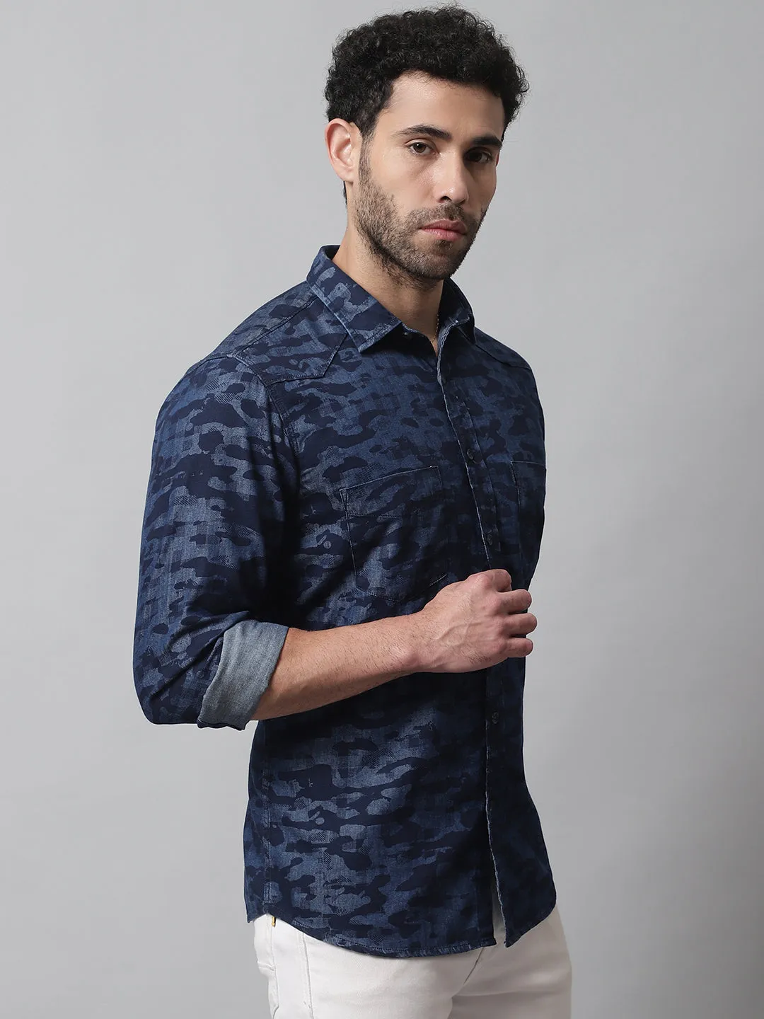 Cantabil Cotton Printed Blue Full Sleeve Casual Shirt for Men with Pocket