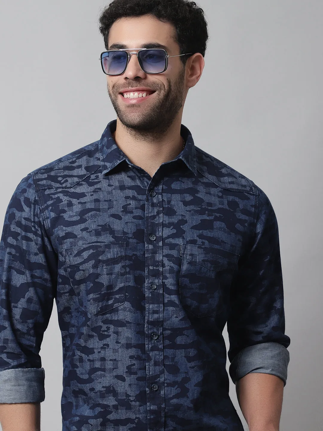 Cantabil Cotton Printed Blue Full Sleeve Casual Shirt for Men with Pocket