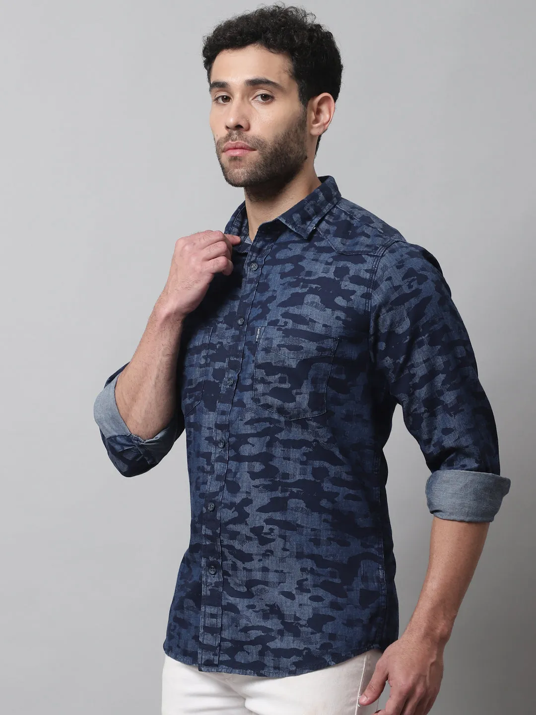 Cantabil Cotton Printed Blue Full Sleeve Casual Shirt for Men with Pocket