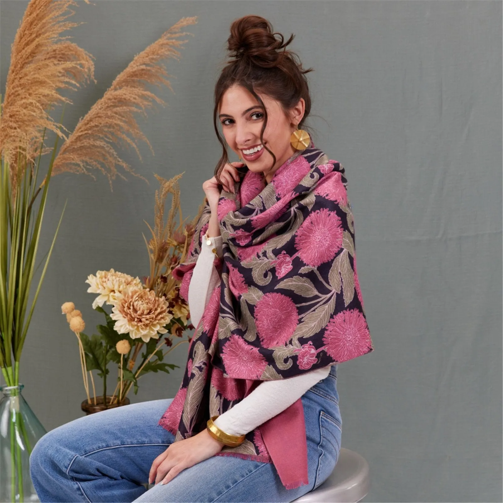 Chrysanthemum Flower Pink Reversible Wrap