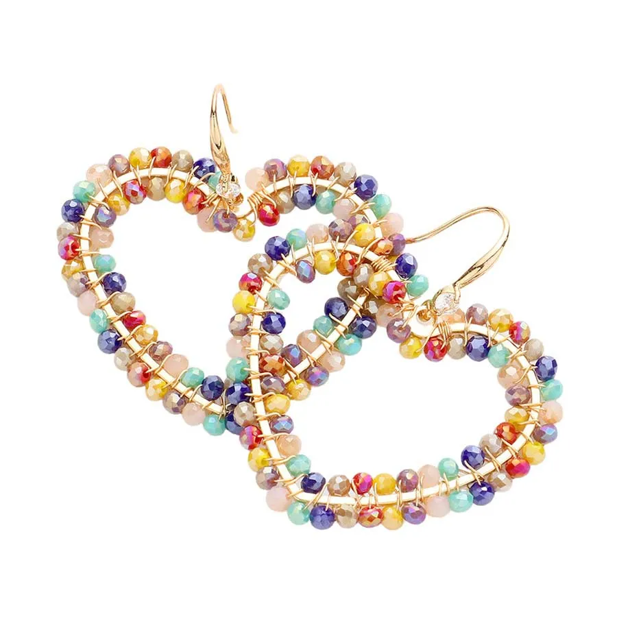 Faceted Bead Wrapped Open Heart Dangle Earrings