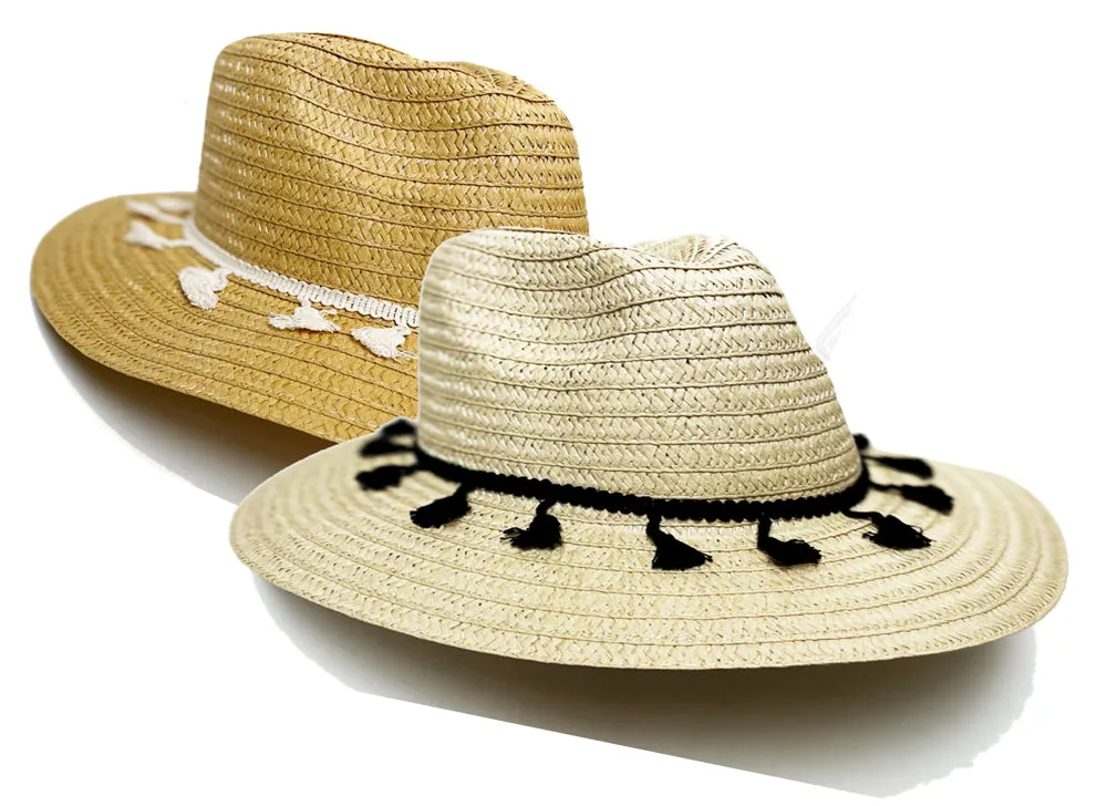 Fashion Hats Ladies Band-Fringe Straw BOHO, Assorted Ivory, Natural