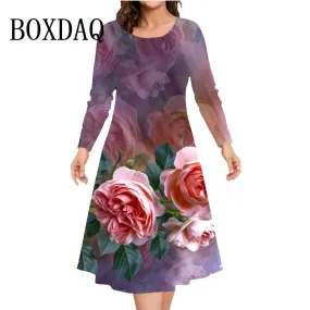 Flower O-Neck Dress Casual Loose Print Dresses Women Fashion Party A-Line Dress Autumn Winter Long Sleeve Plus Size Clothing 9XL