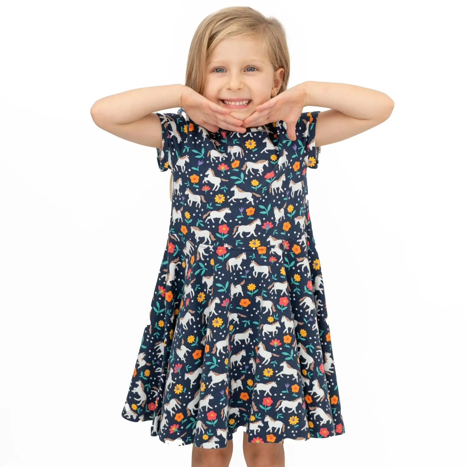 Frugi Girls Dress Skater Indigo Navy Wild Horses Pretty Cotton Short Sleeve