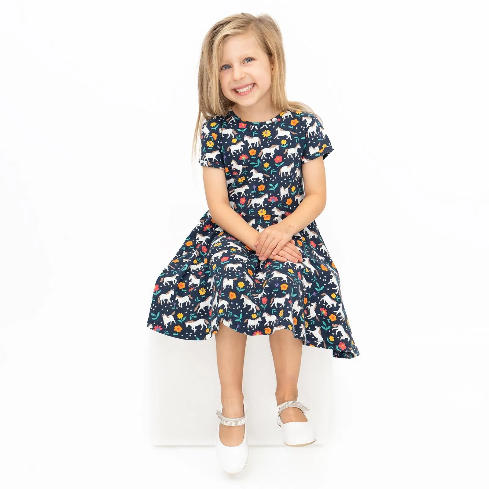 Frugi Girls Dress Skater Indigo Navy Wild Horses Pretty Cotton Short Sleeve