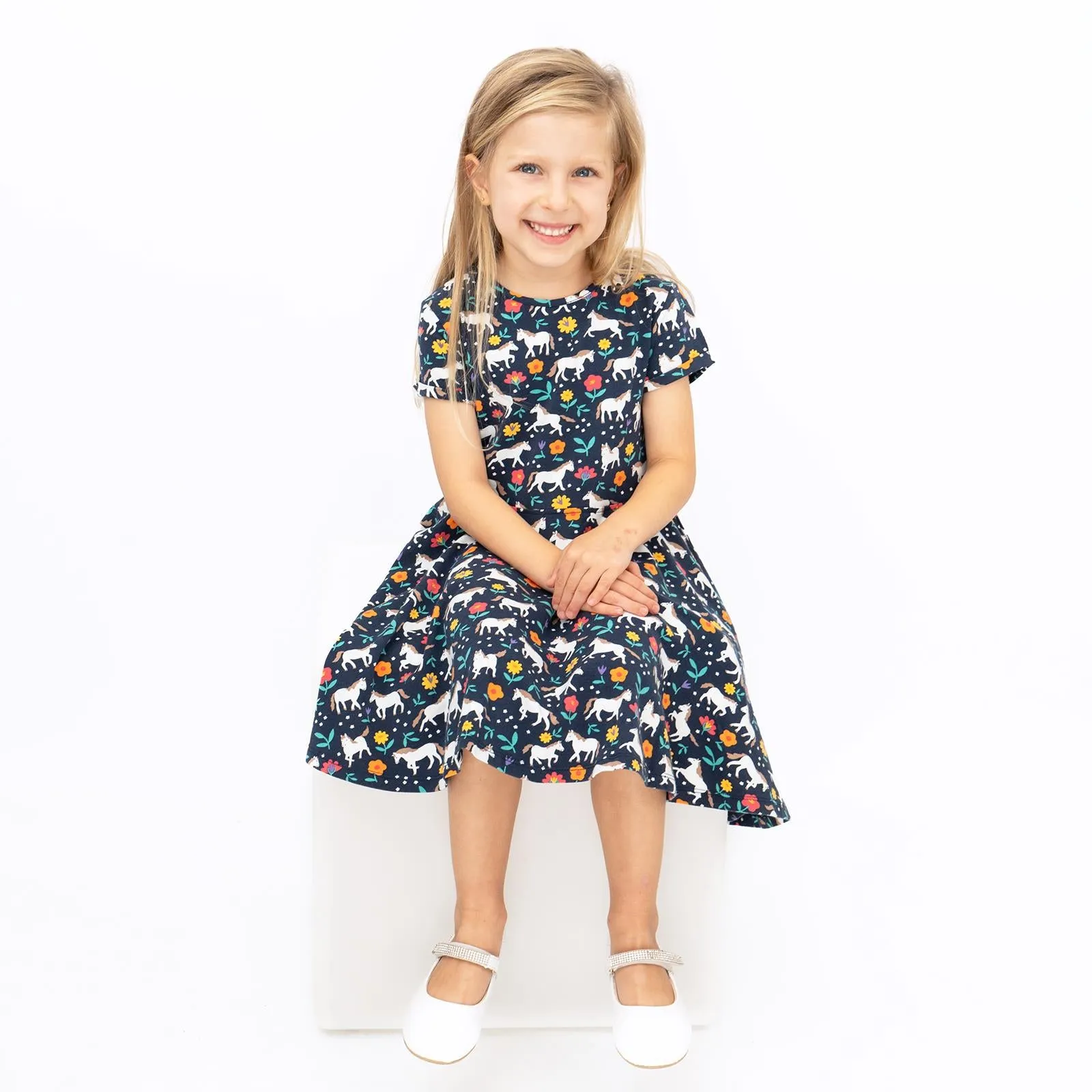 Frugi Girls Dress Skater Indigo Navy Wild Horses Pretty Cotton Short Sleeve