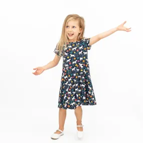 Frugi Girls Dress Skater Indigo Navy Wild Horses Pretty Cotton Short Sleeve