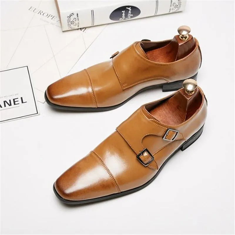 Mens Dress Shoes Genuine Leather Double Buckle Monk Strap Male Classic Shoes Luxury Oxford Shoes For Men Party Wedding Footwear