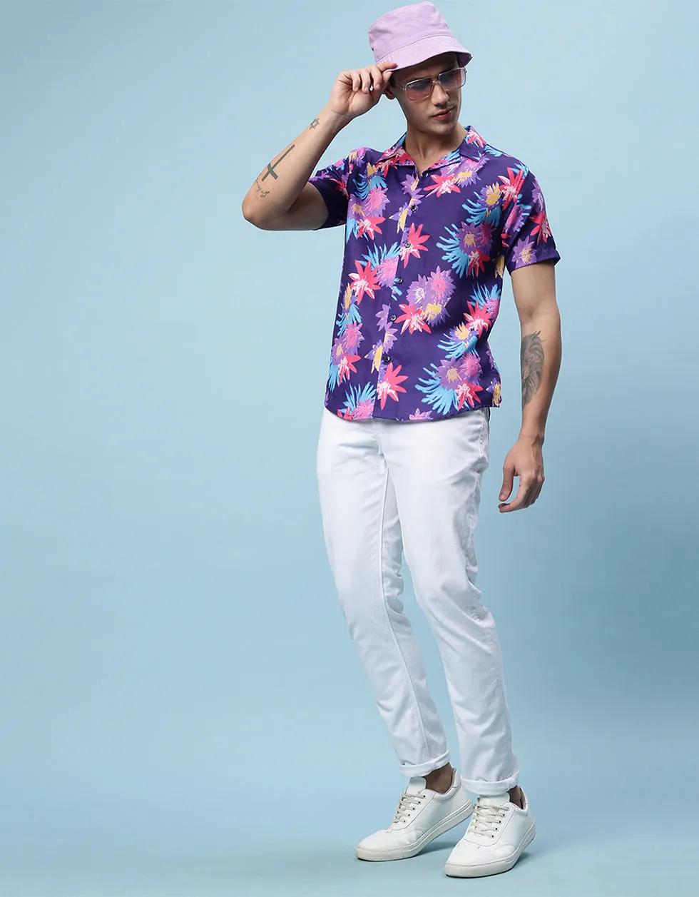 Navy Floral Printed Casual Shirt