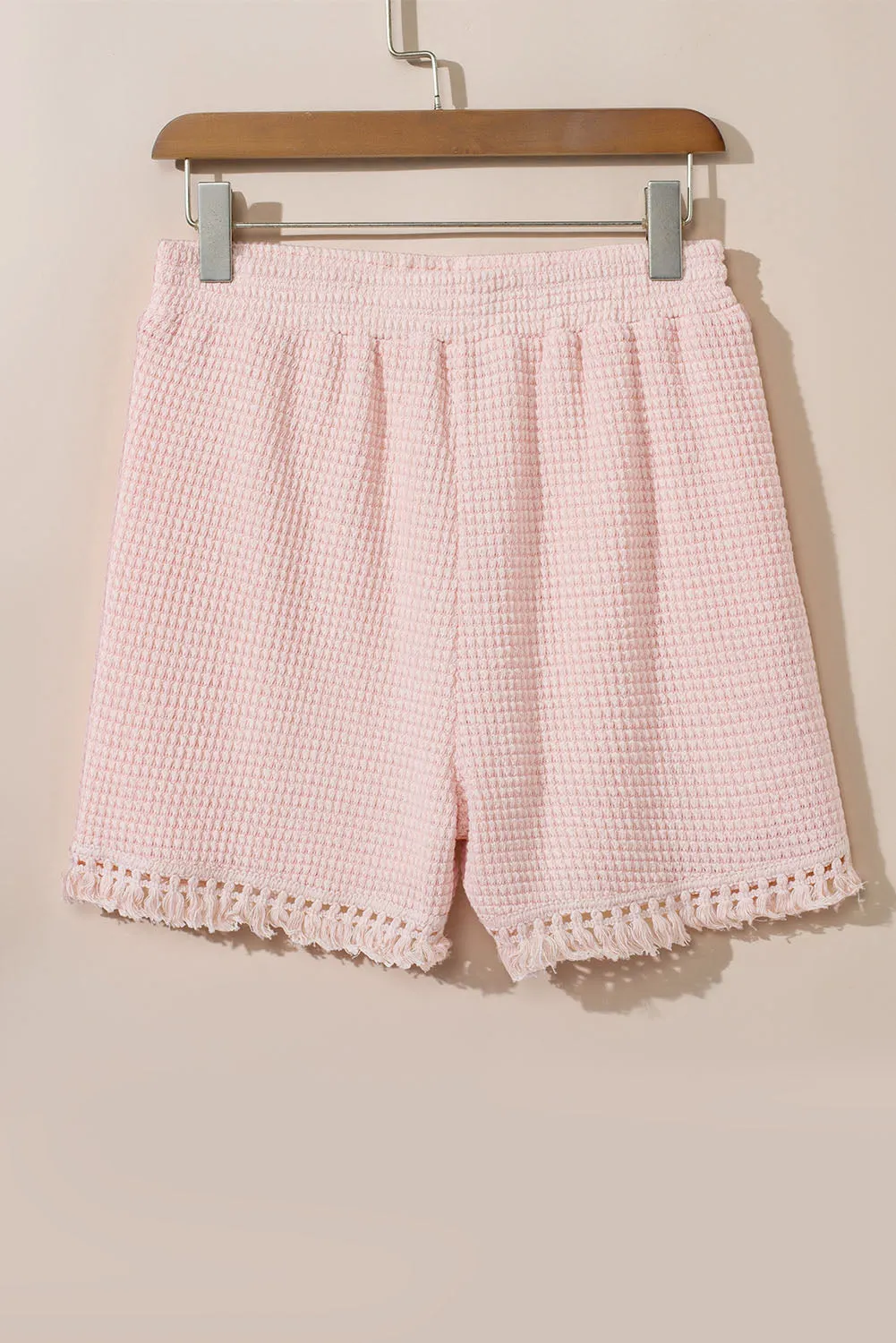 Pink Fringe Trim Textured Short Two Piece Set