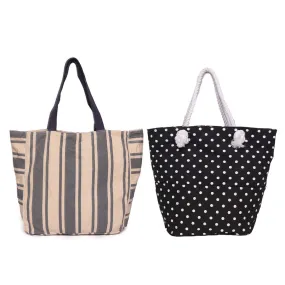 Set Of Two  Women Blue Stripe Print Oversized Shopper Bag