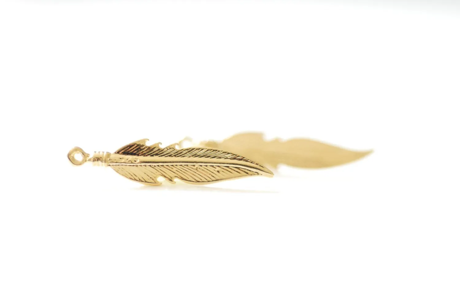 Shiny Wholesale Gold Feather Vermeil Charm-  18k gold plated over sterling silver, tribal native pendant, Gold Feather leaf Charm,  113