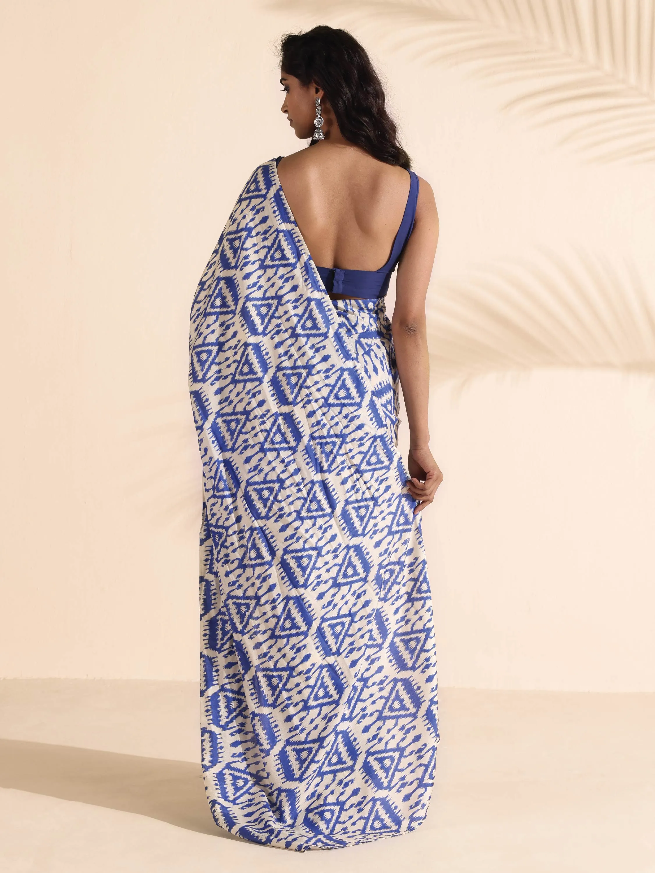 trueBrowns Blue Muslin Ikat Ready to Wear Saree