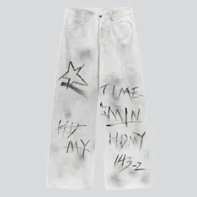 White Jeans with Letters Five-Pointed Star Graffiti