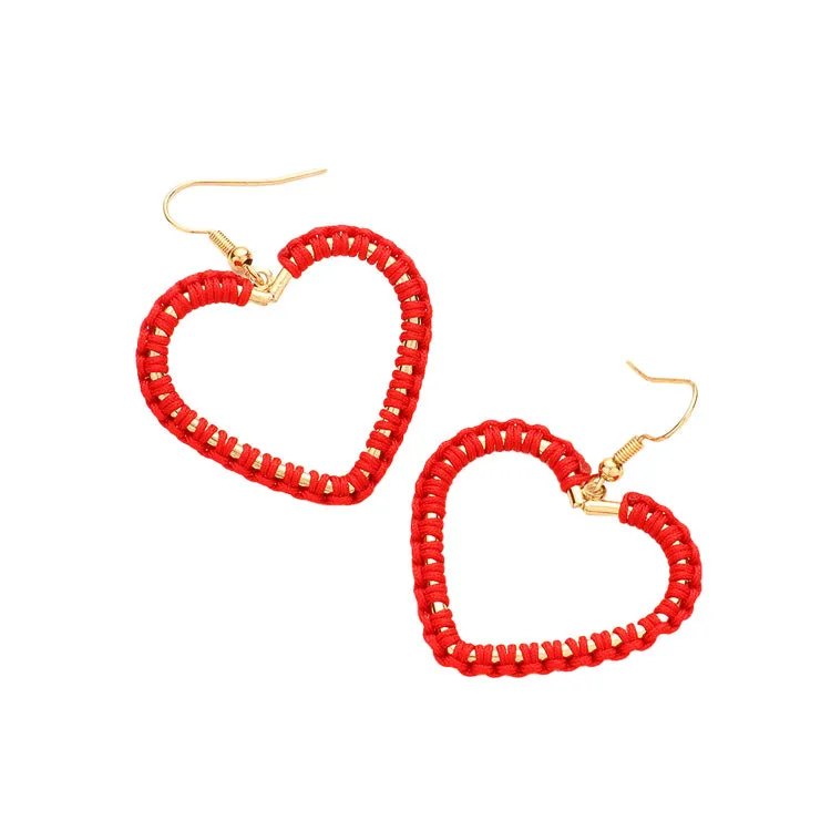 Woven Thread Open Metal Heart Dangle Earrings