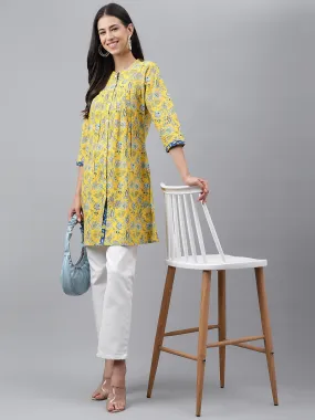 Yellow Cotton Floral Print Empire Tunic